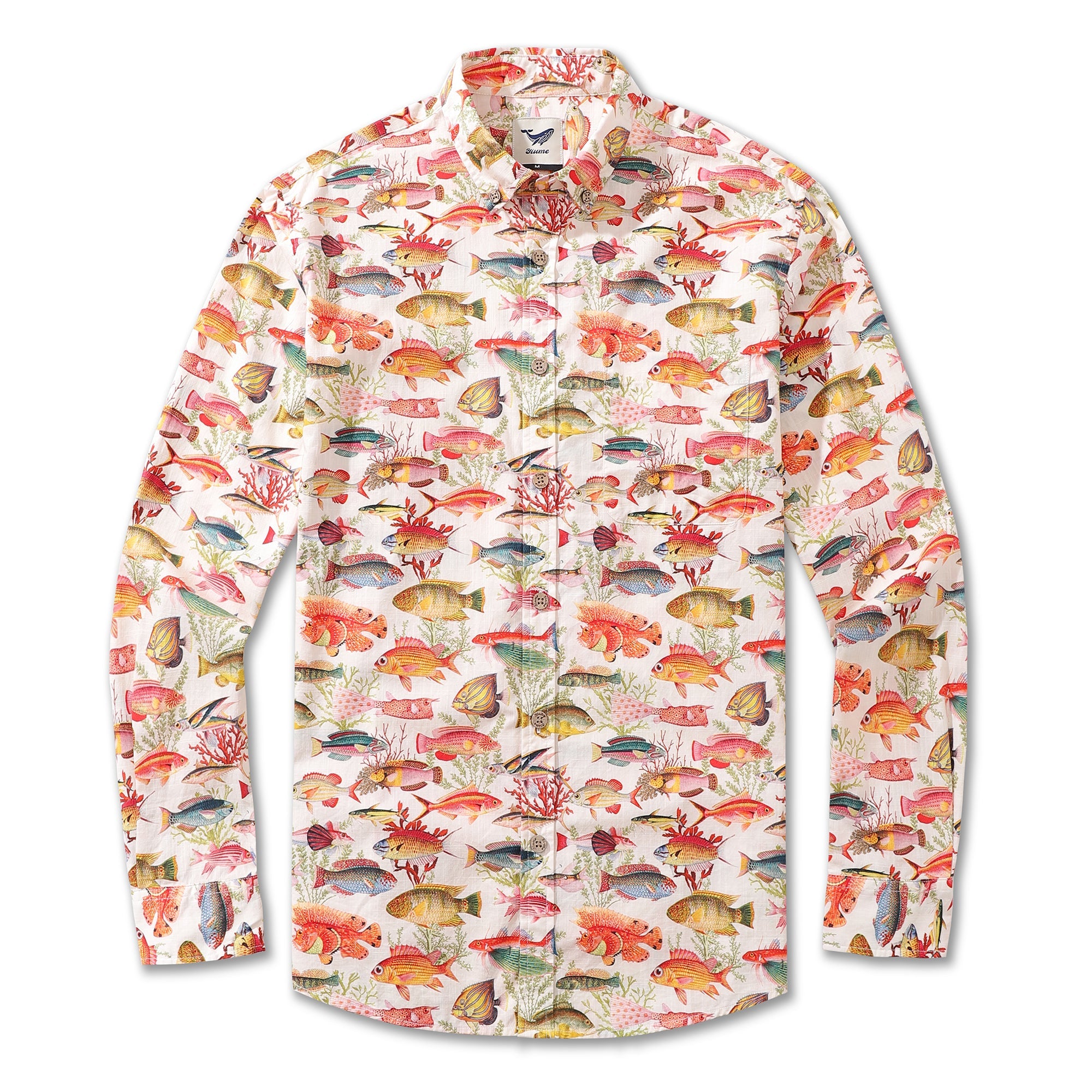 Men's Hawaiian Shirt Sea Ocean Fish Print Cotton Button-down Long Sleeve Aloha Shirt