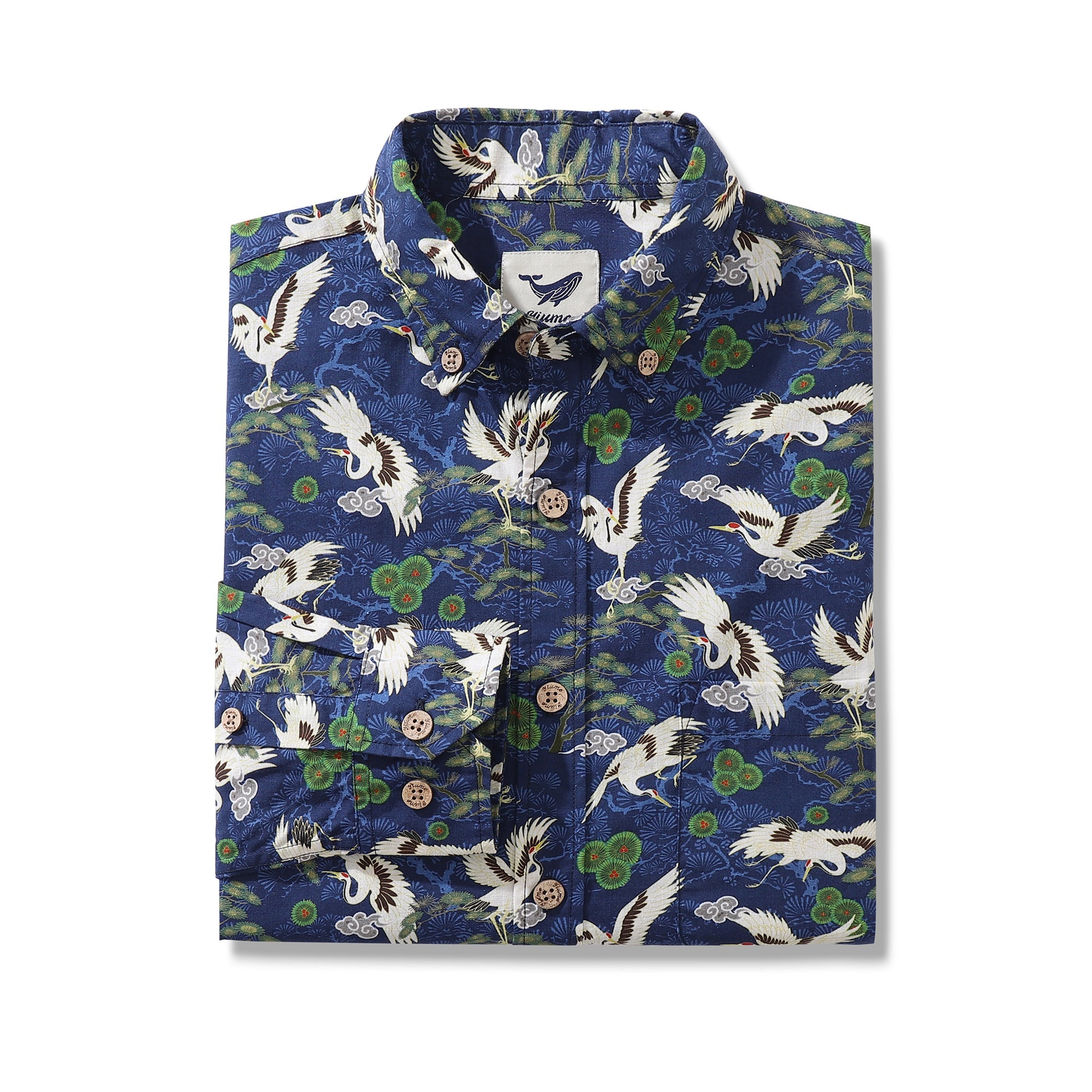 Men's Hawaiian Shirt Cranes Dancing in the Sky Cotton Button-down Long Sleeve Aloha Shirt