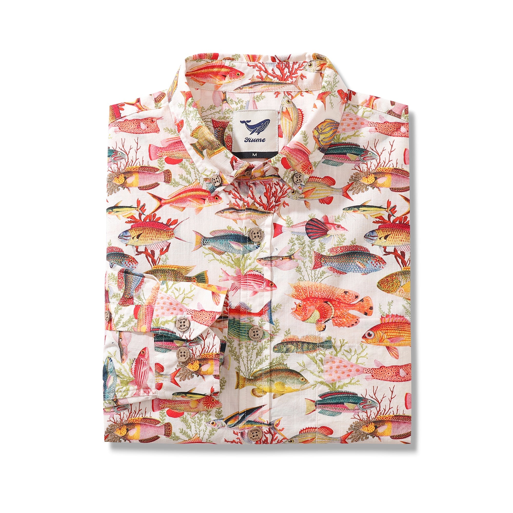 Men's Hawaiian Shirt Sea Ocean Fish Print Cotton Button-down Long Sleeve Aloha Shirt