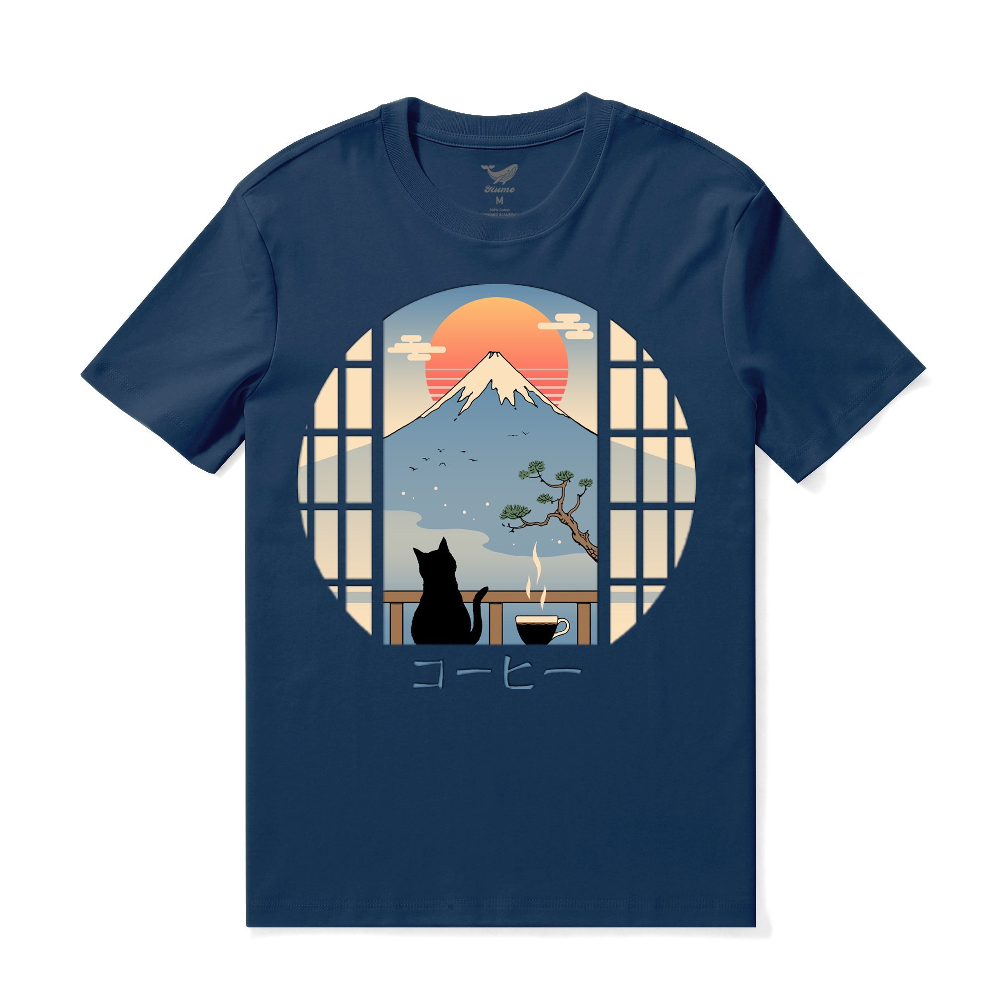 Hawaiian Tee For Men Coffee Cat in MT. FUJI Tee Crew Neck 100% Cotton - NAVY BLUE