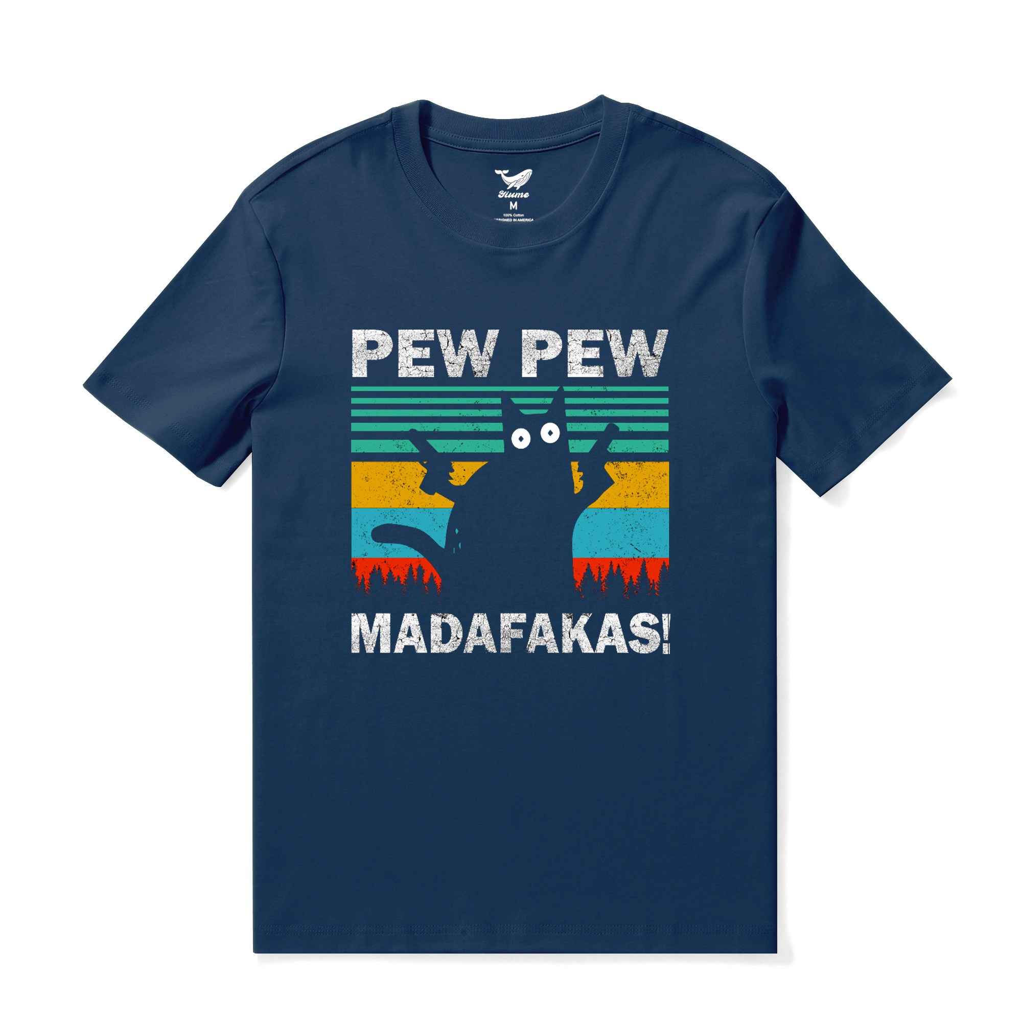 Hawaiian Tee For Men Pew Pew Madafakas Cat Tee Crew Neck 100% Cotton - NAVY BLUE