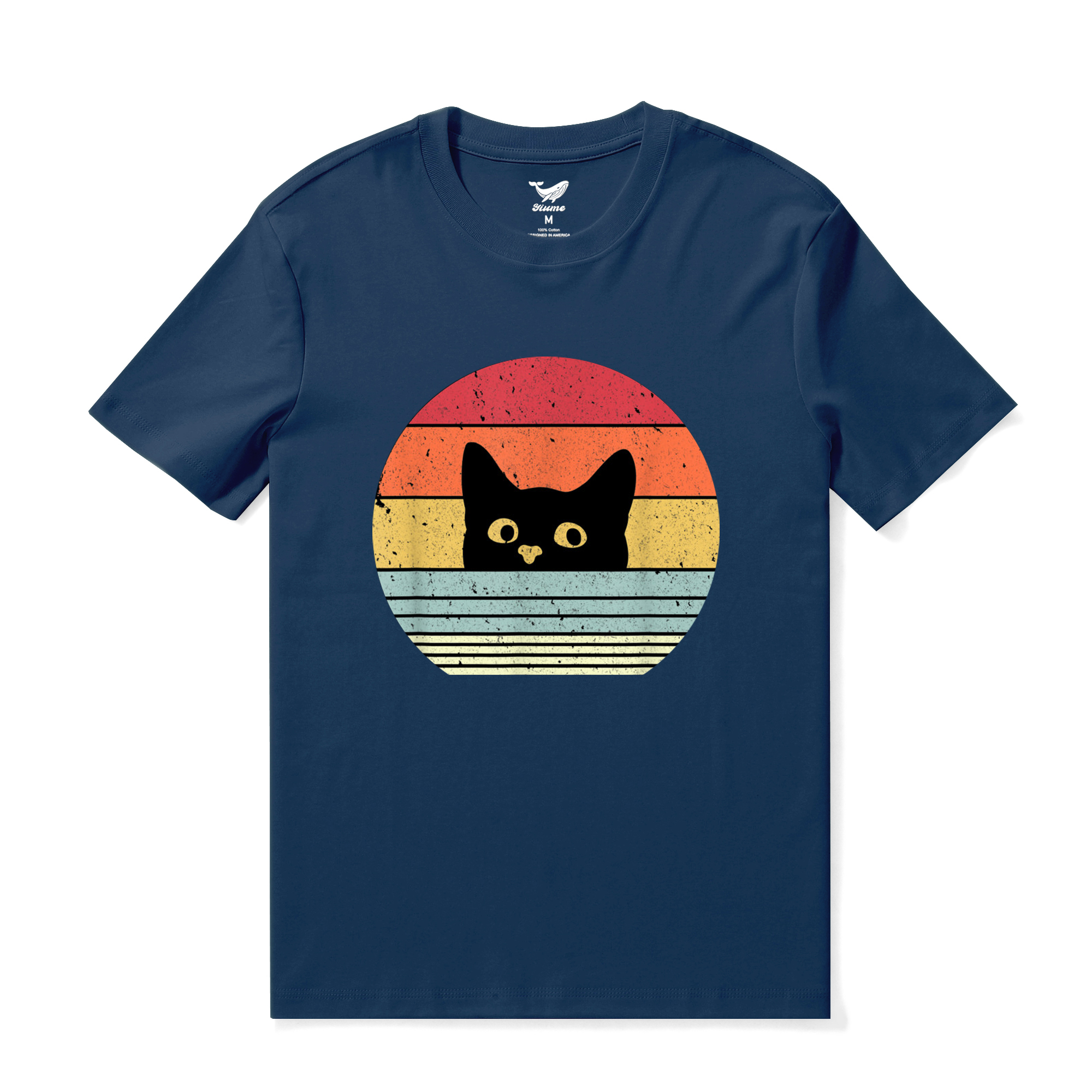 Hawaiian Tee For Men Retro Cute Cat Tee Crew Neck 100% Cotton - NAVY BLUE