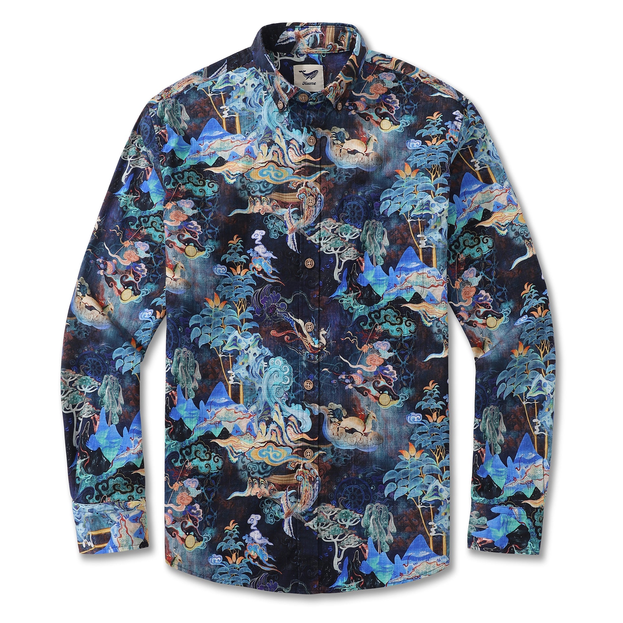 Men's Hawaiian Shirt Harmony in Azure Cotton Button-down Long Sleeve Aloha Shirt