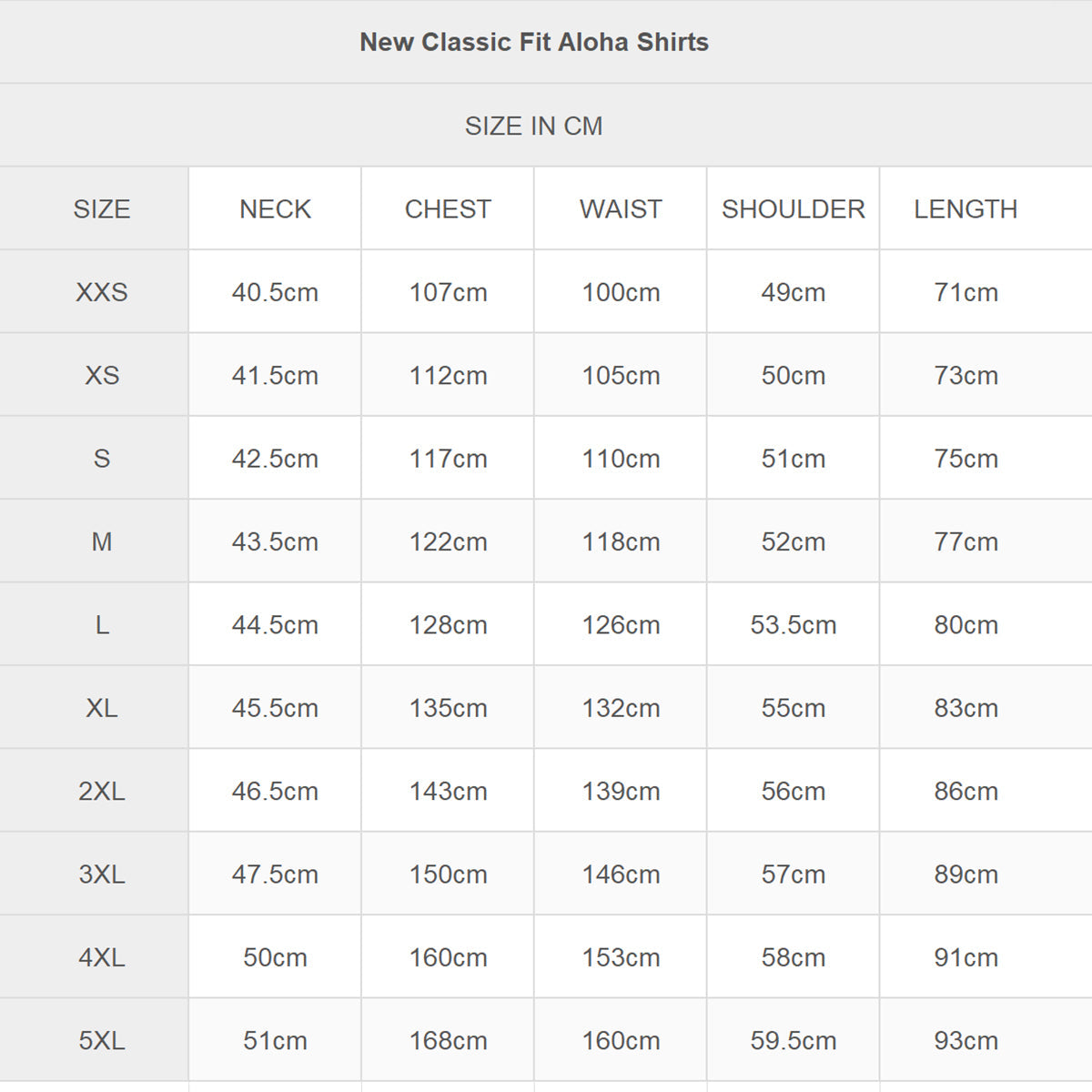 SIZE CHART CM