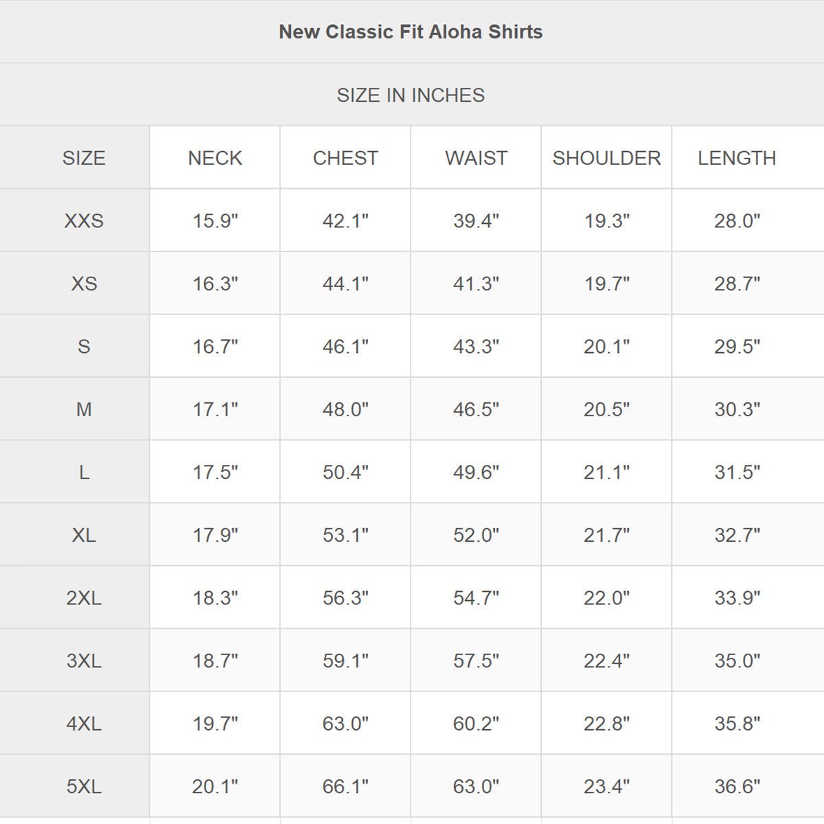 SIZE CHART INCH