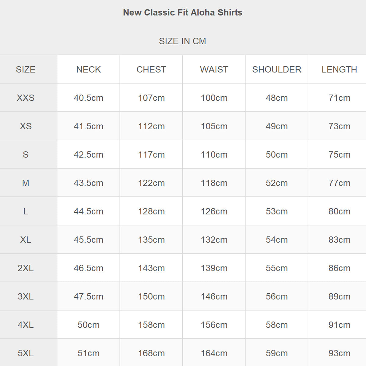 SIZE CHART CM