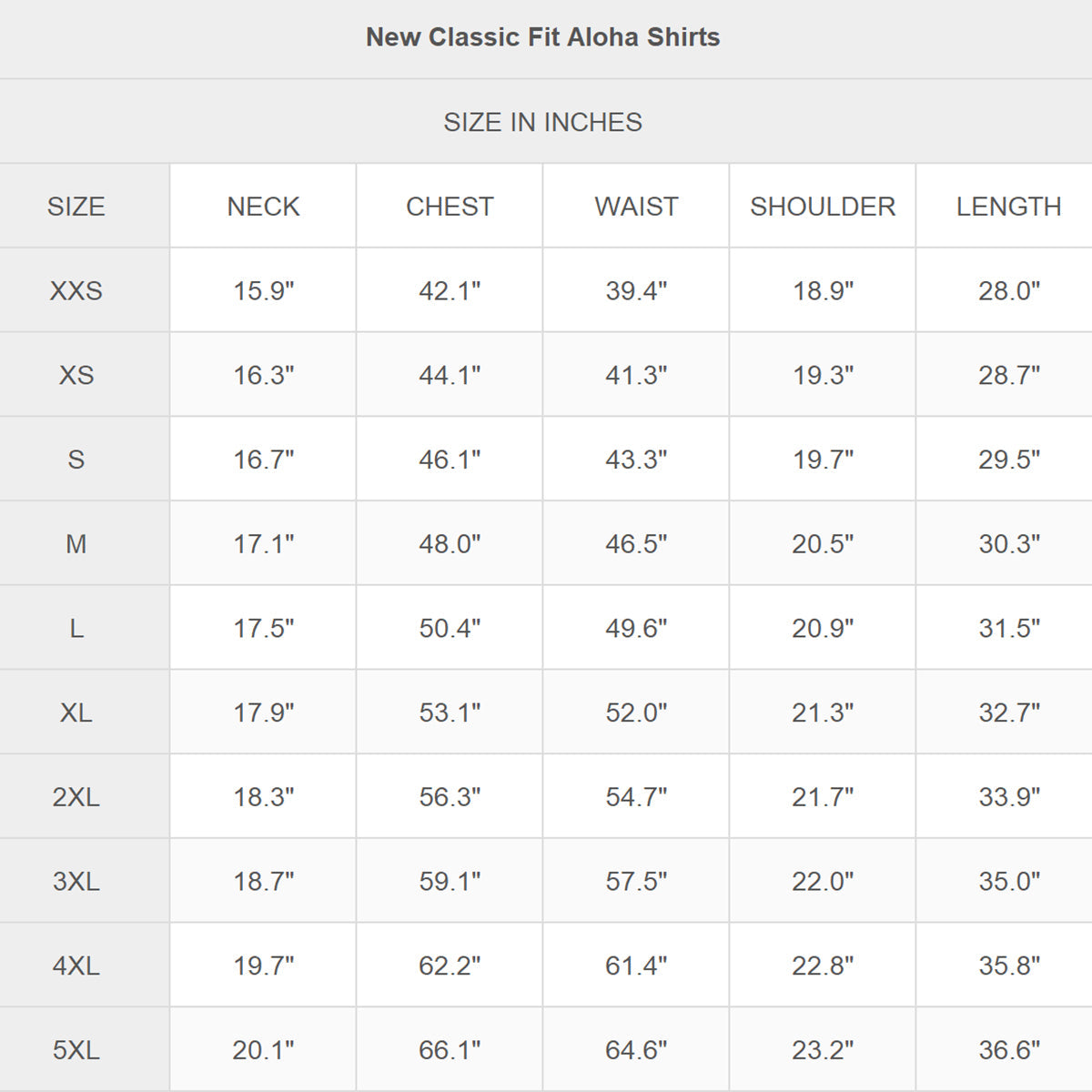 SIZE CHART INCH