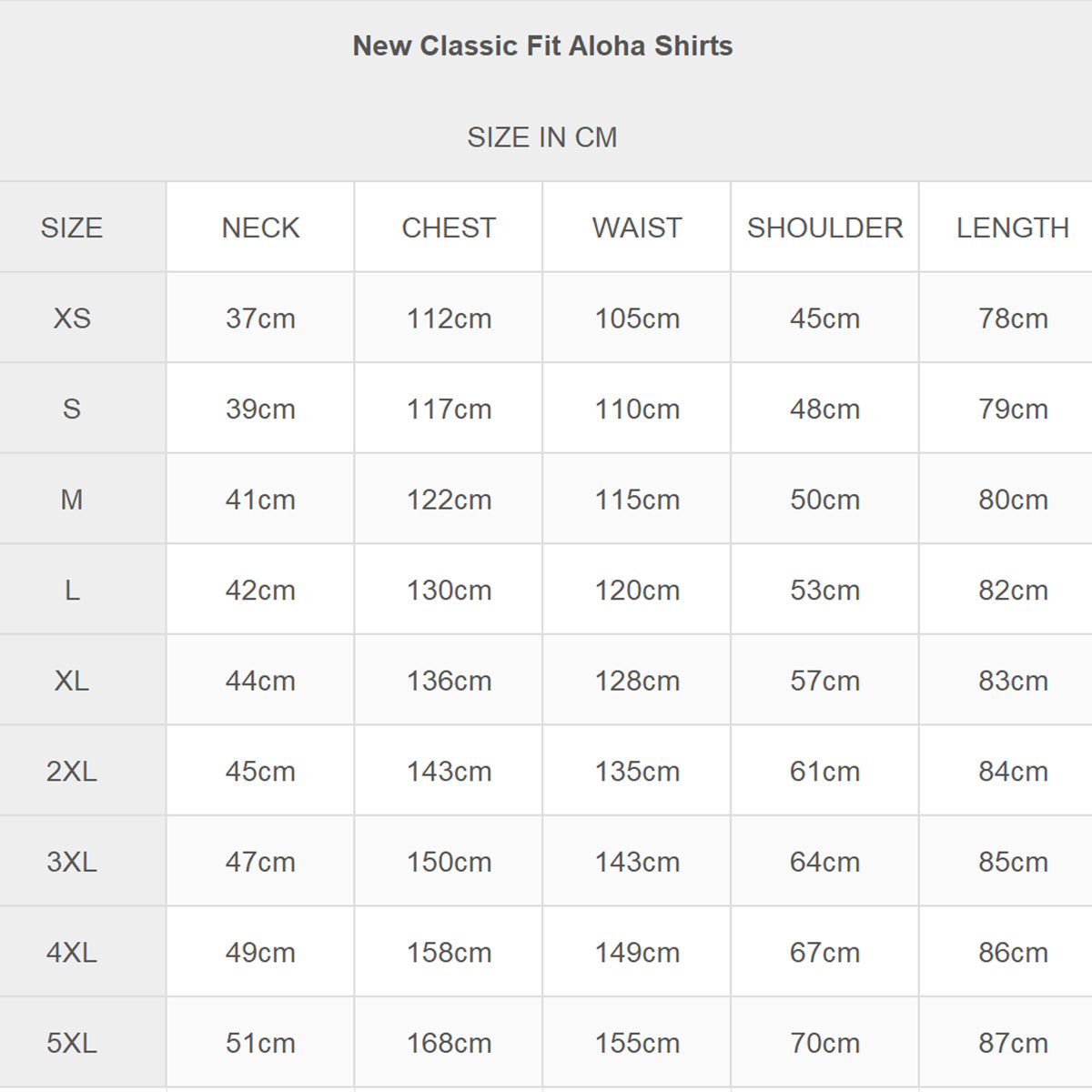 SIZE CHART CM