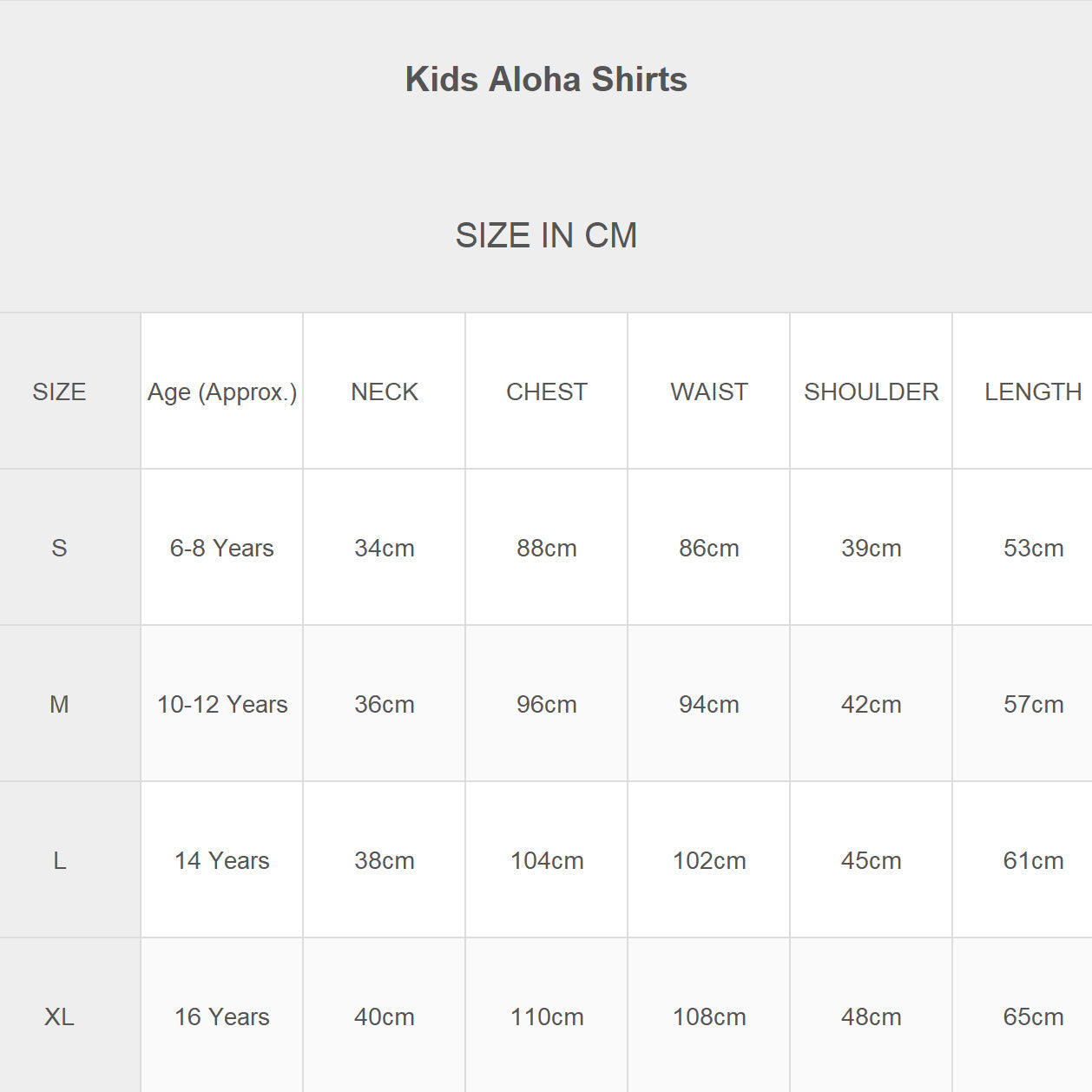 SIZE CHART CM