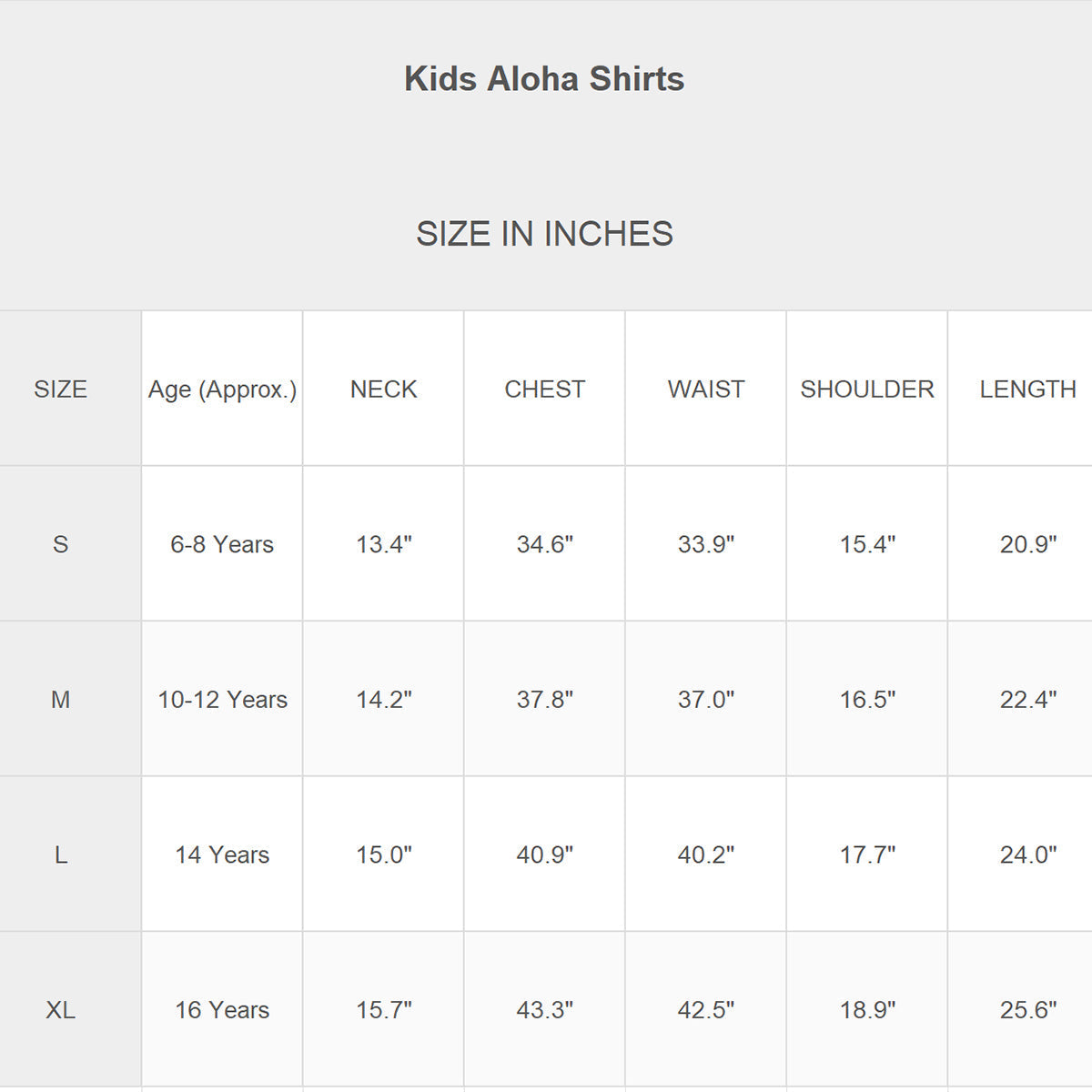 SIZE CHART INCH