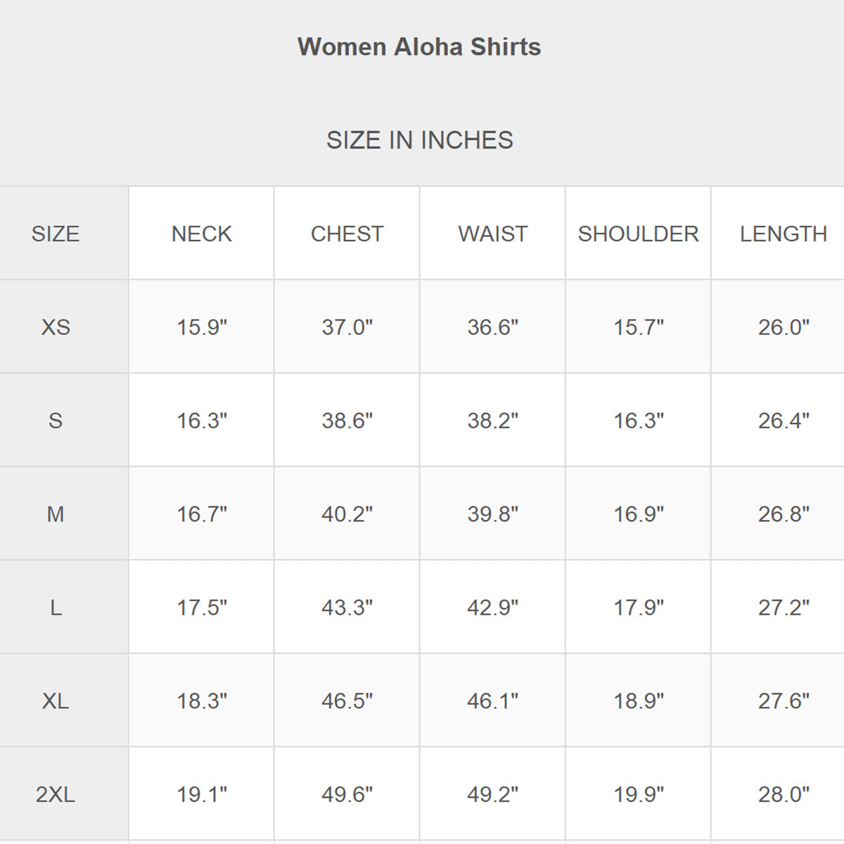 SIZE CHART INCH