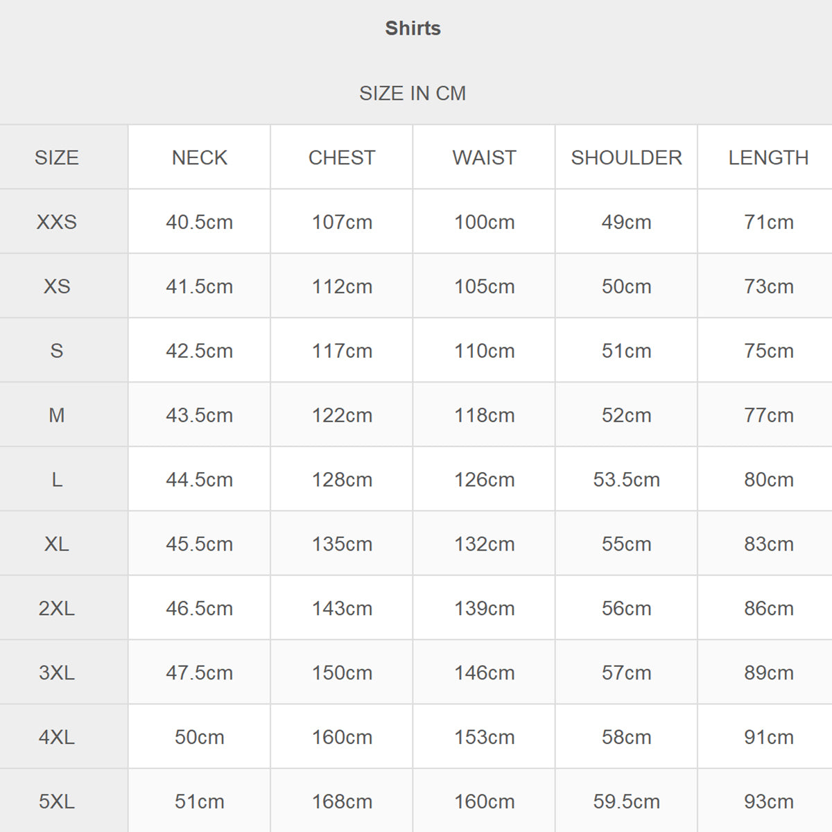 SIZE CHART CM