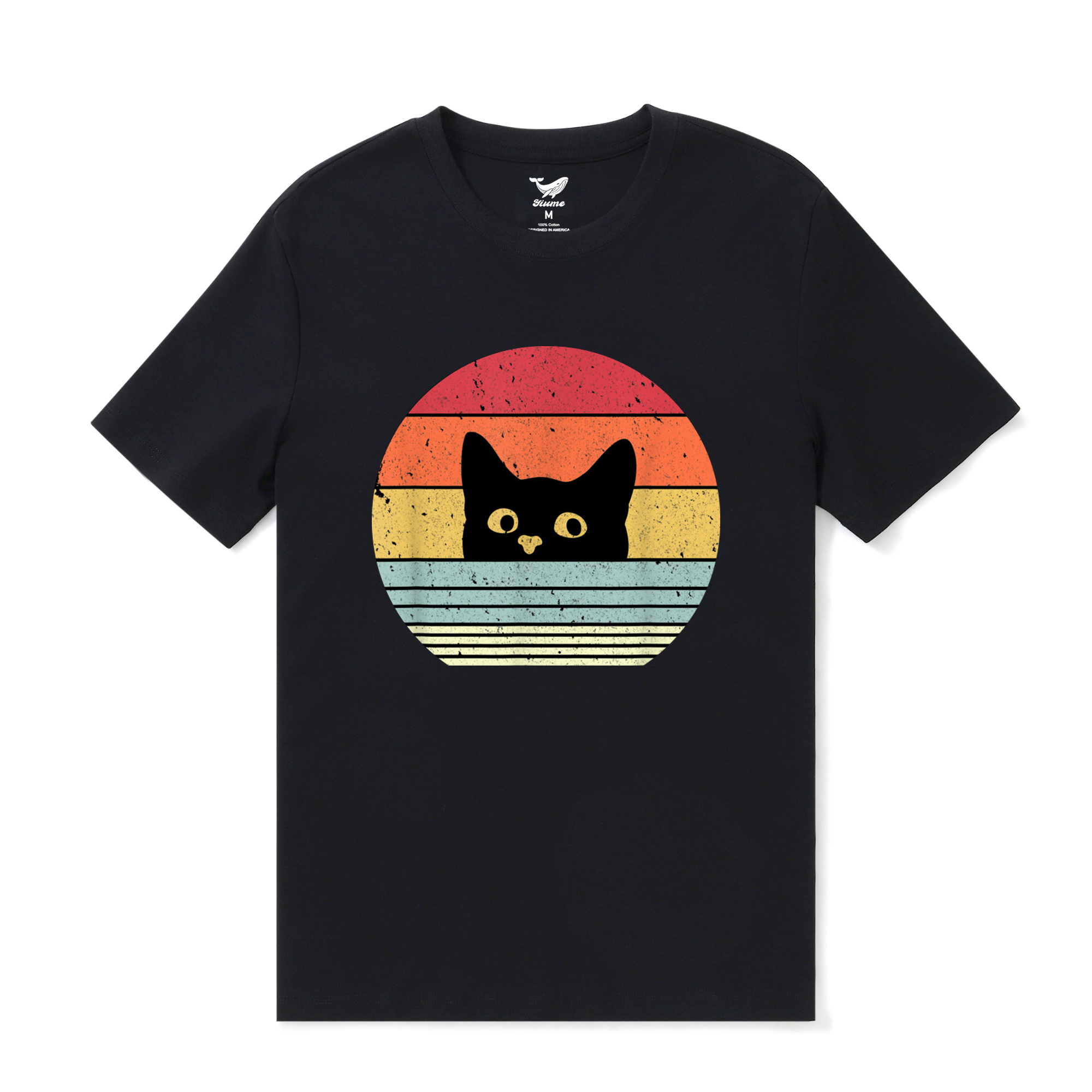 Hawaiian Tee For Men Retro Cute Cat Tee Crew Neck 100% Cotton - BLACK