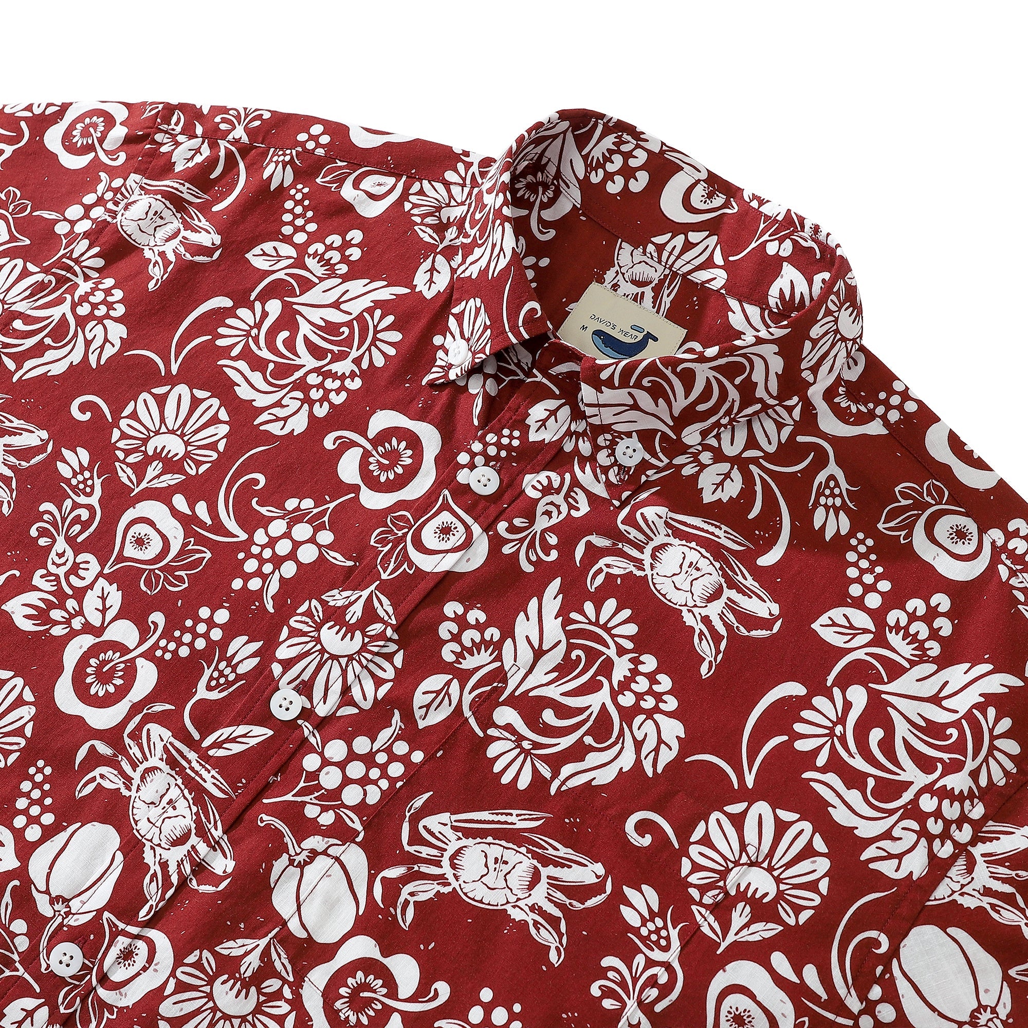 Deep Red Vintage Cotton Button-down Shirt With Tropical Print Scarlet