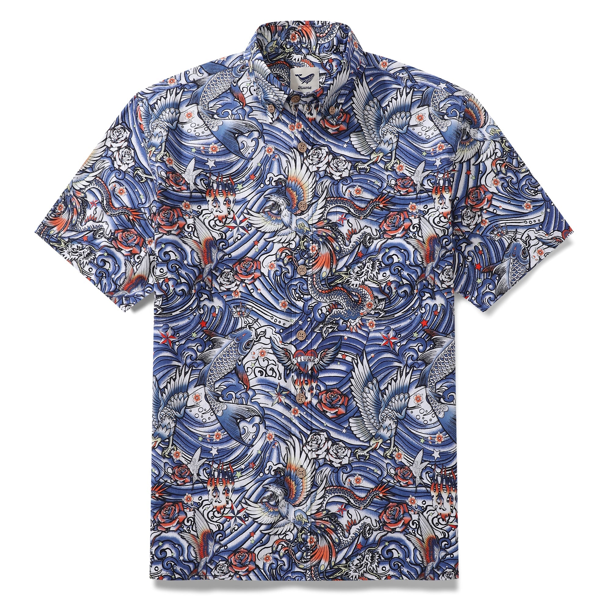 Men's Hawaiian Shirt Japanese Tattoo Cotton Button-down Short Sleeve Aloha Shirt