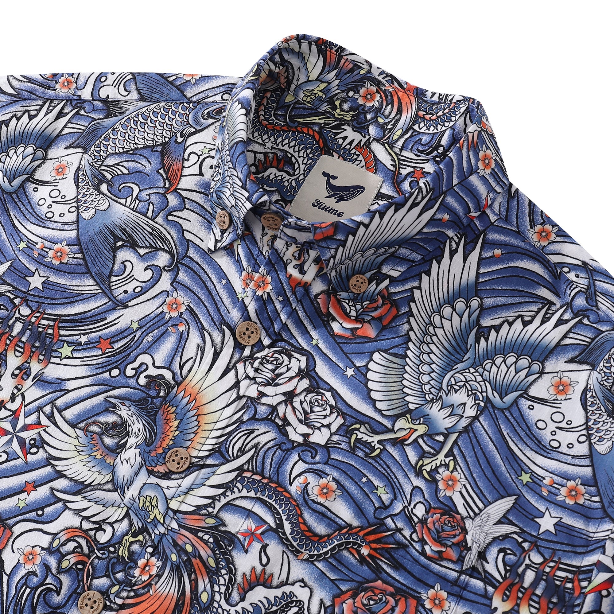 Men's Hawaiian Shirt Japanese Tattoo Cotton Button-down Short Sleeve Aloha Shirt