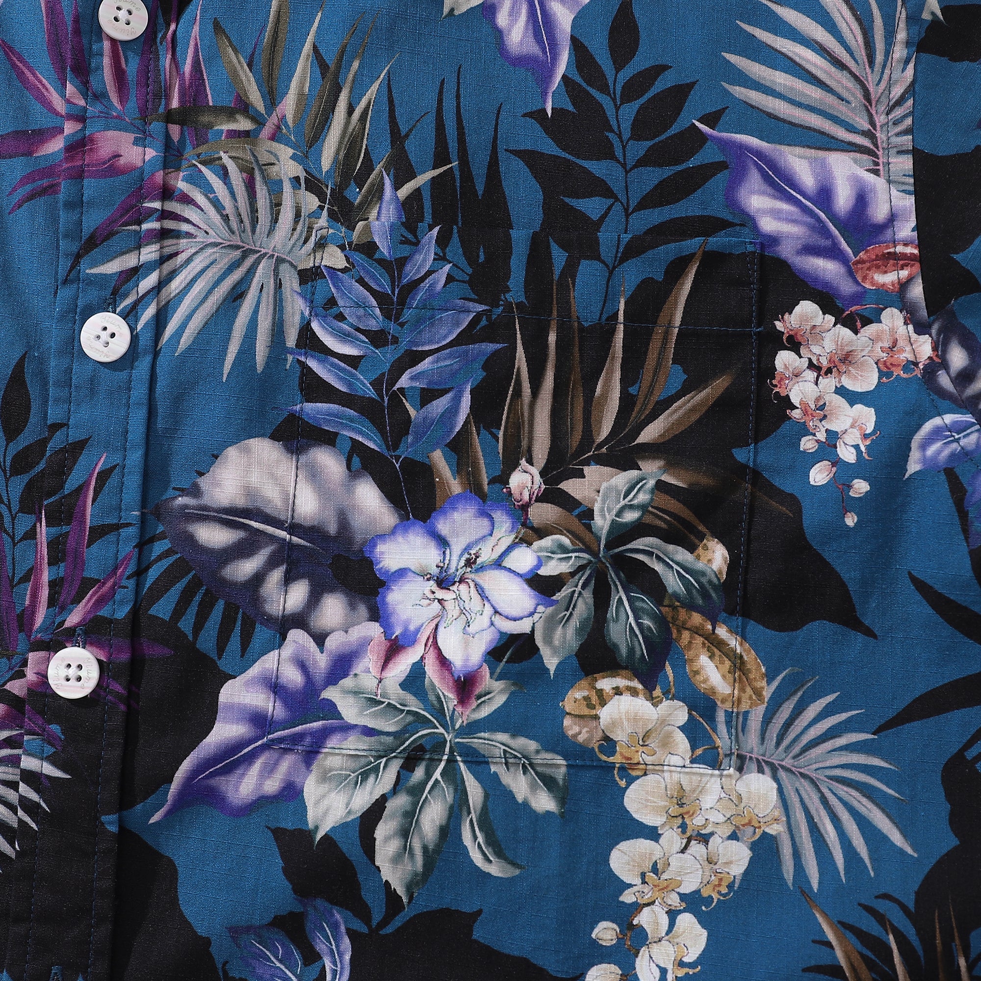 Dark Blue Hand Painted Orchid Floral Print 100% Cotton Button-down  Men's Hawaiian Shirt