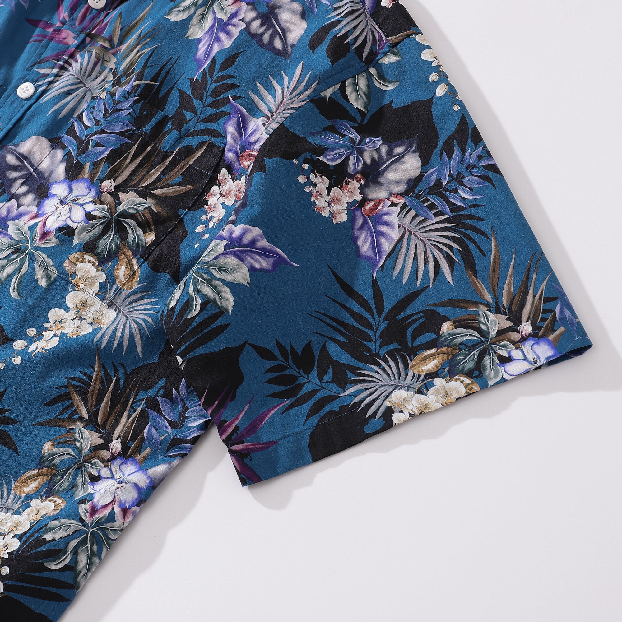 Dark Blue Hand Painted Orchid Floral Print 100% Cotton Button-down  Men's Hawaiian Shirt