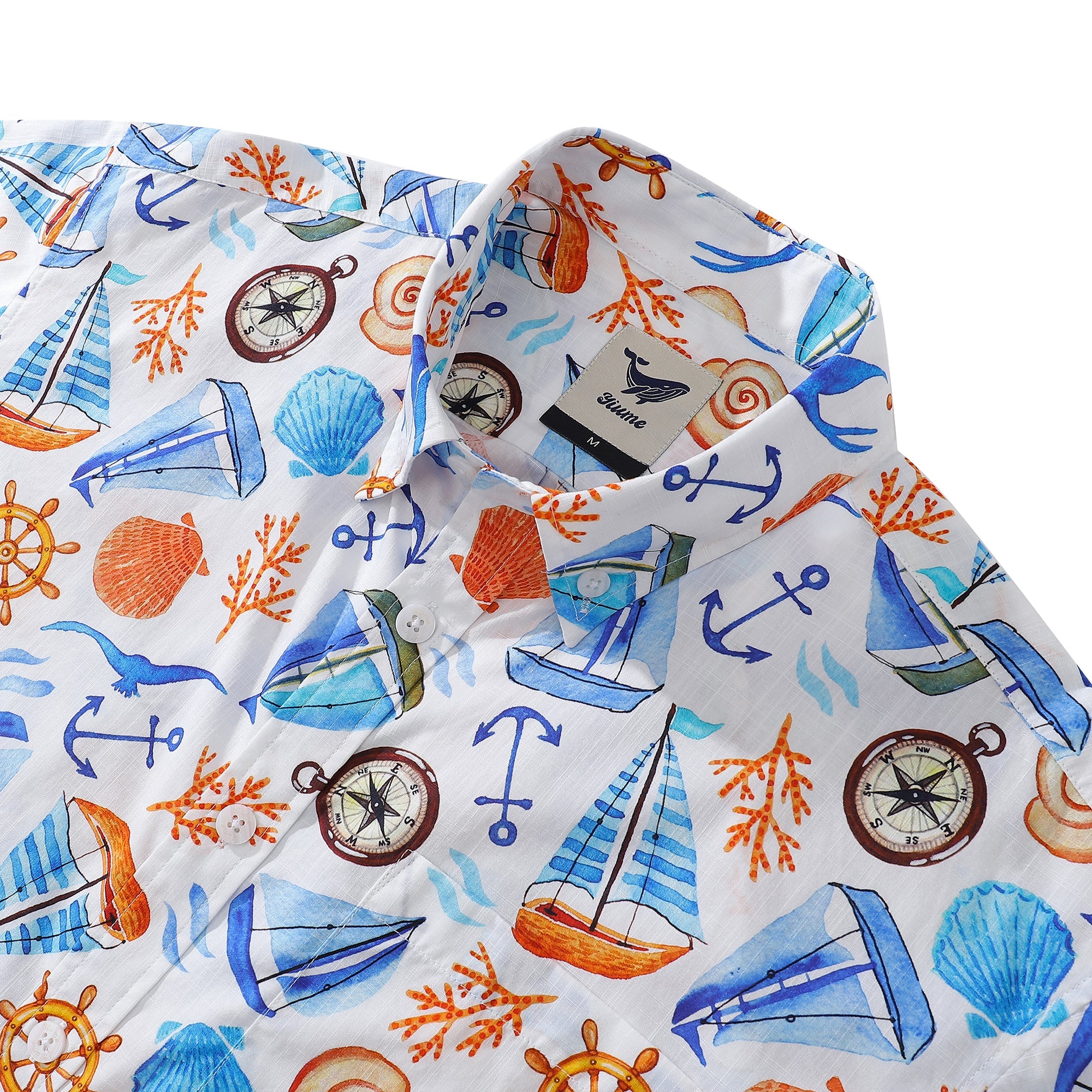 Men's Hawaiian Shirt Sailing Adventure Print Designed by Julia Madoka Cotton Button-down