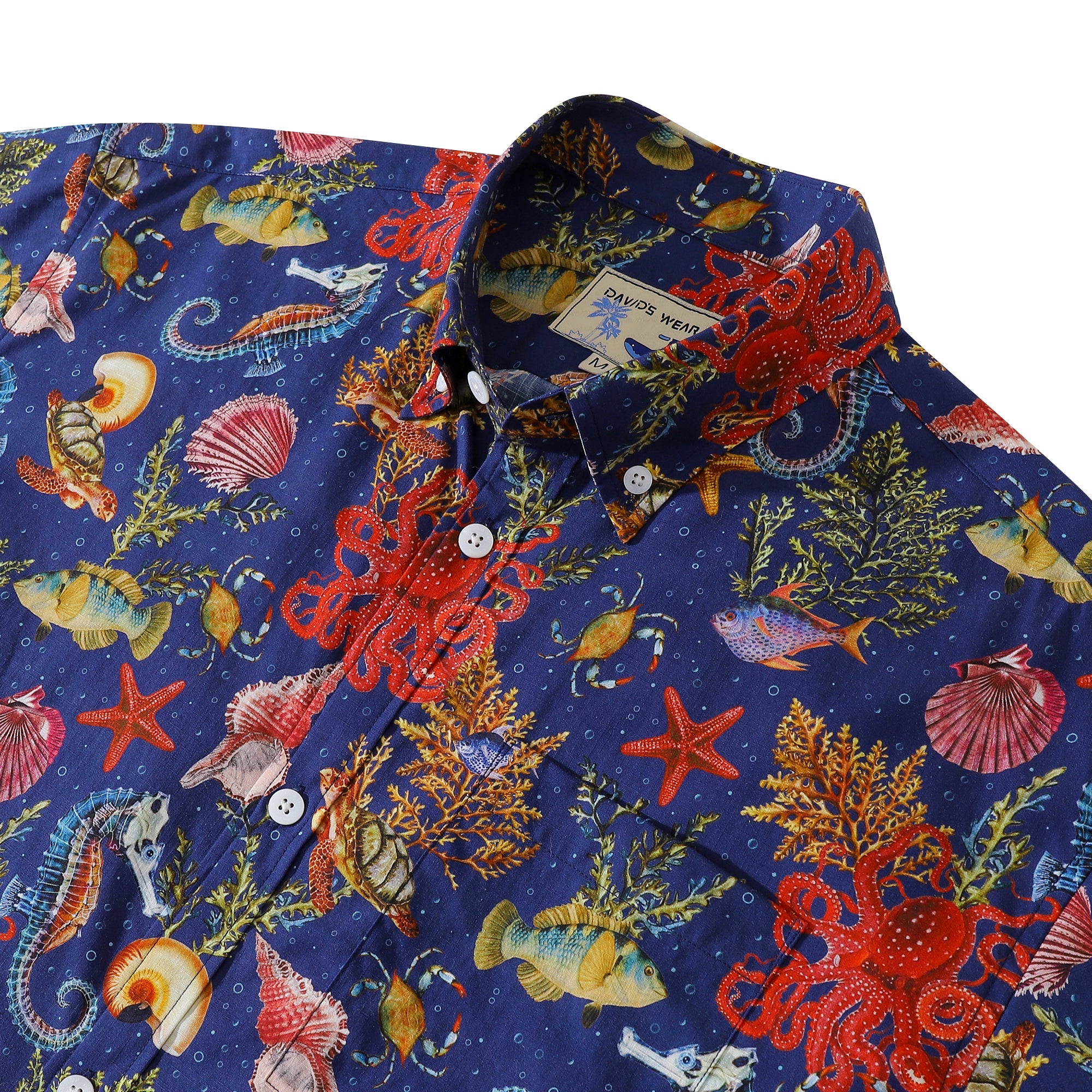 Australia Men's Funky Hawaiian Shirt Marine Life Seahorse Octopus Print Button-down Cotton (Dark Blue)