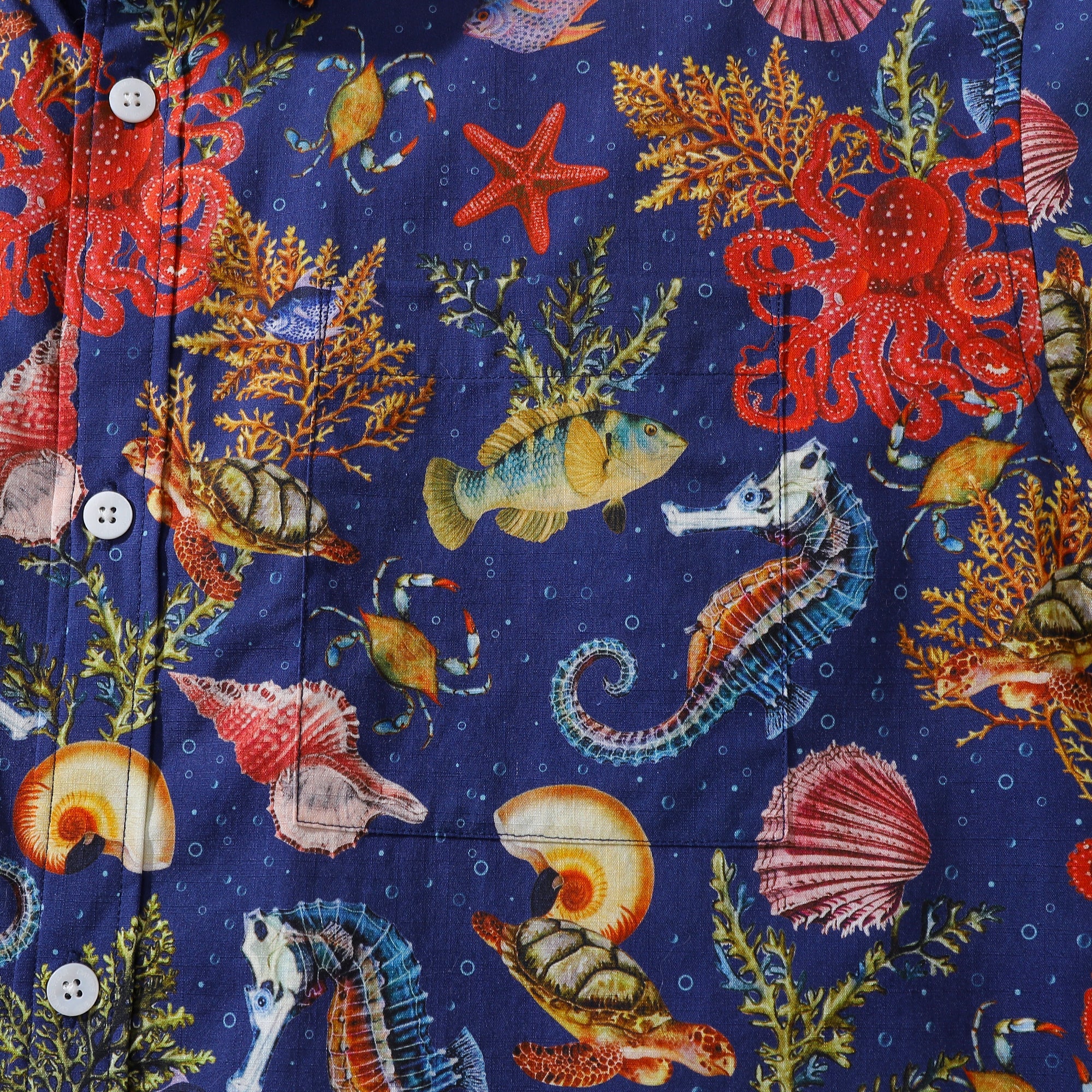 Australia Men's Funky Hawaiian Shirt Marine Life Seahorse Octopus Print Button-down Cotton (Dark Blue)