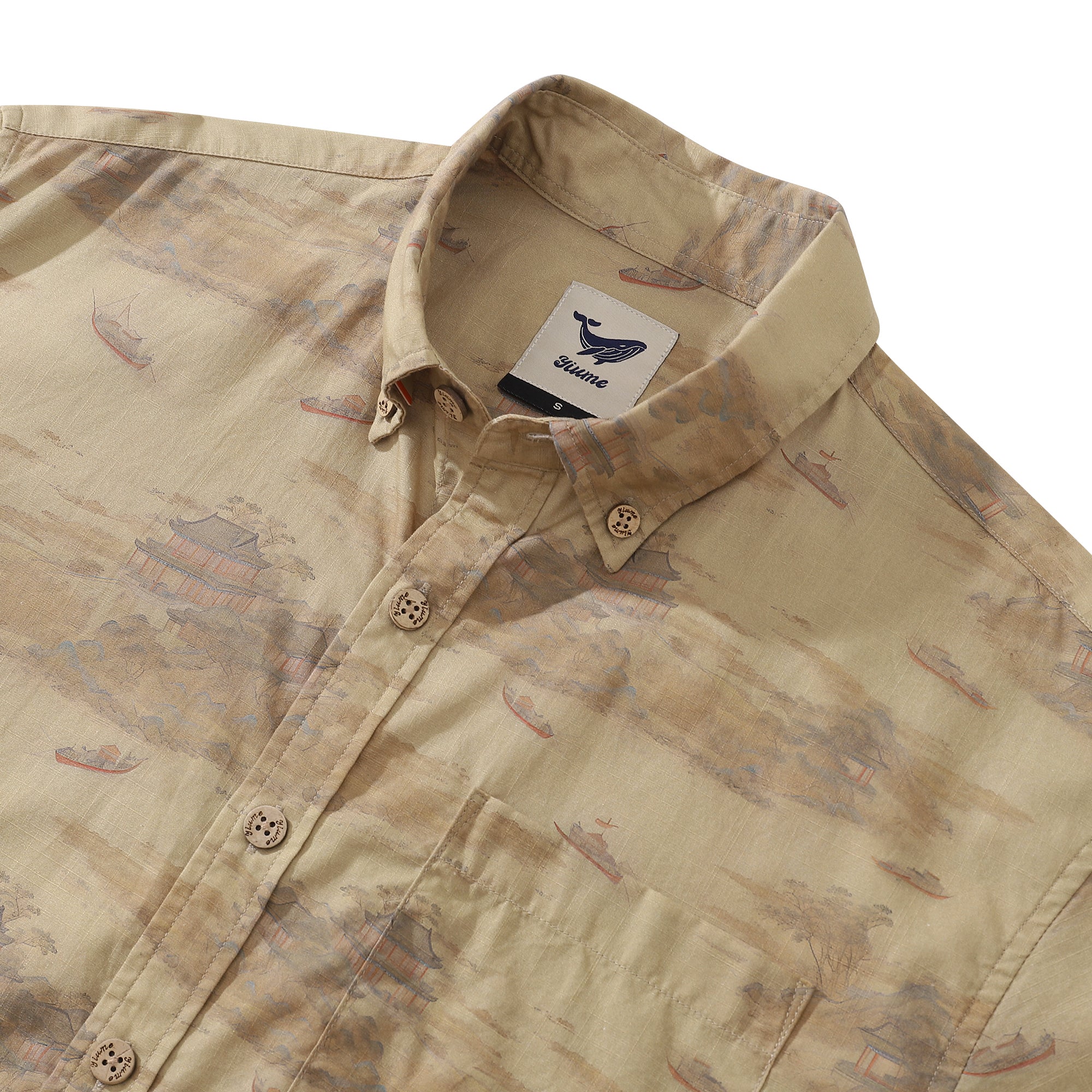 Men's Hawaiian Shirt Serenity along the Riverbank Cotton Button-down Short Sleeve Aloha Shirt