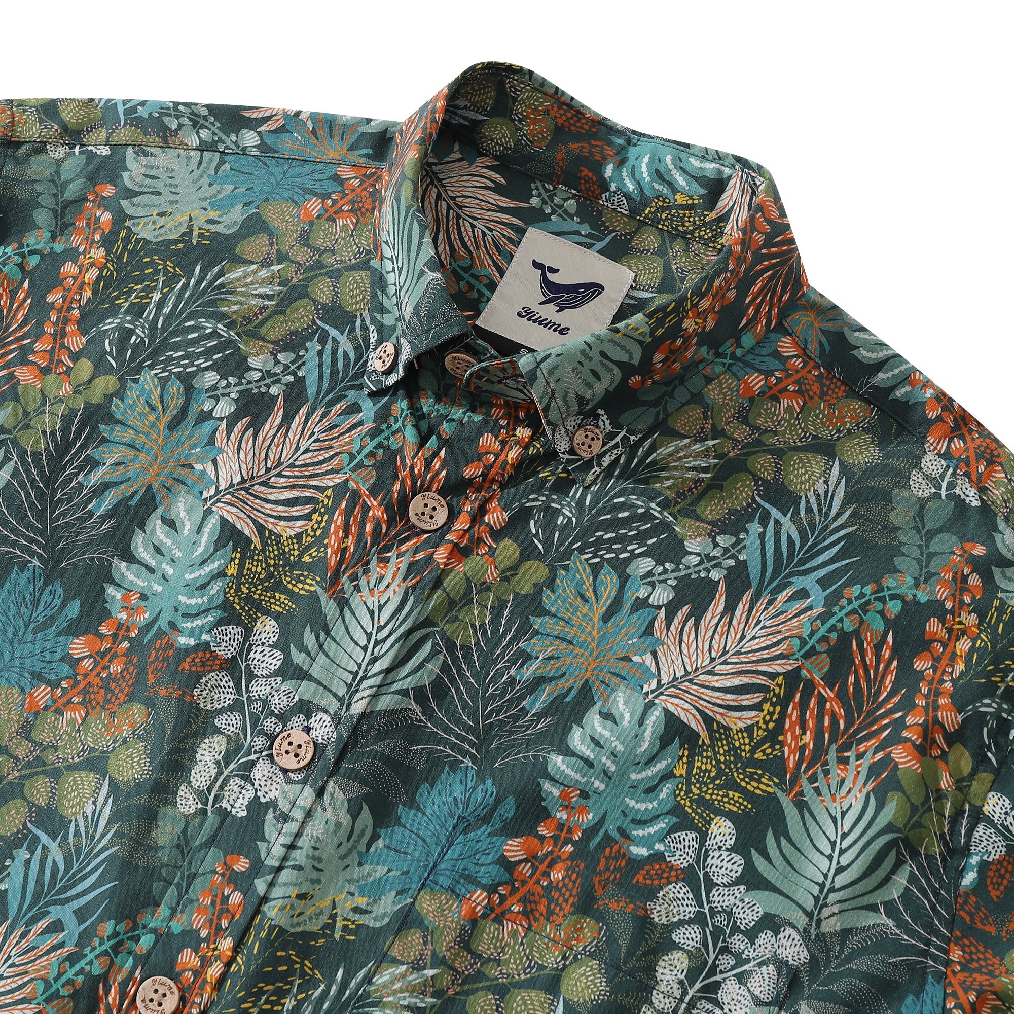 Men's Hawaiian Shirt Tropical Night Emerald Leaves Print By Annick Cotton Button-down Long Sleeve Aloha Shirt