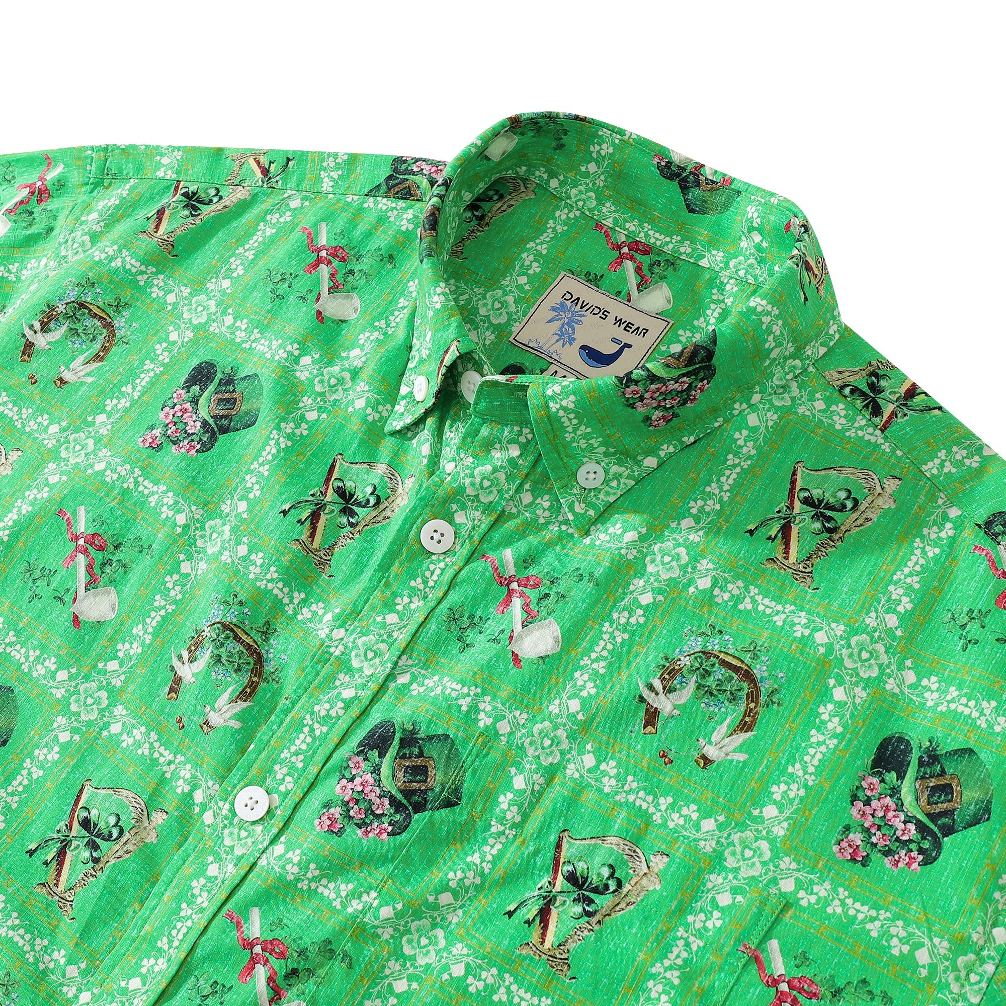 Hawaiian Shirt For Men Green St. Patrick's Day Short Sleeve Cotton Shirt