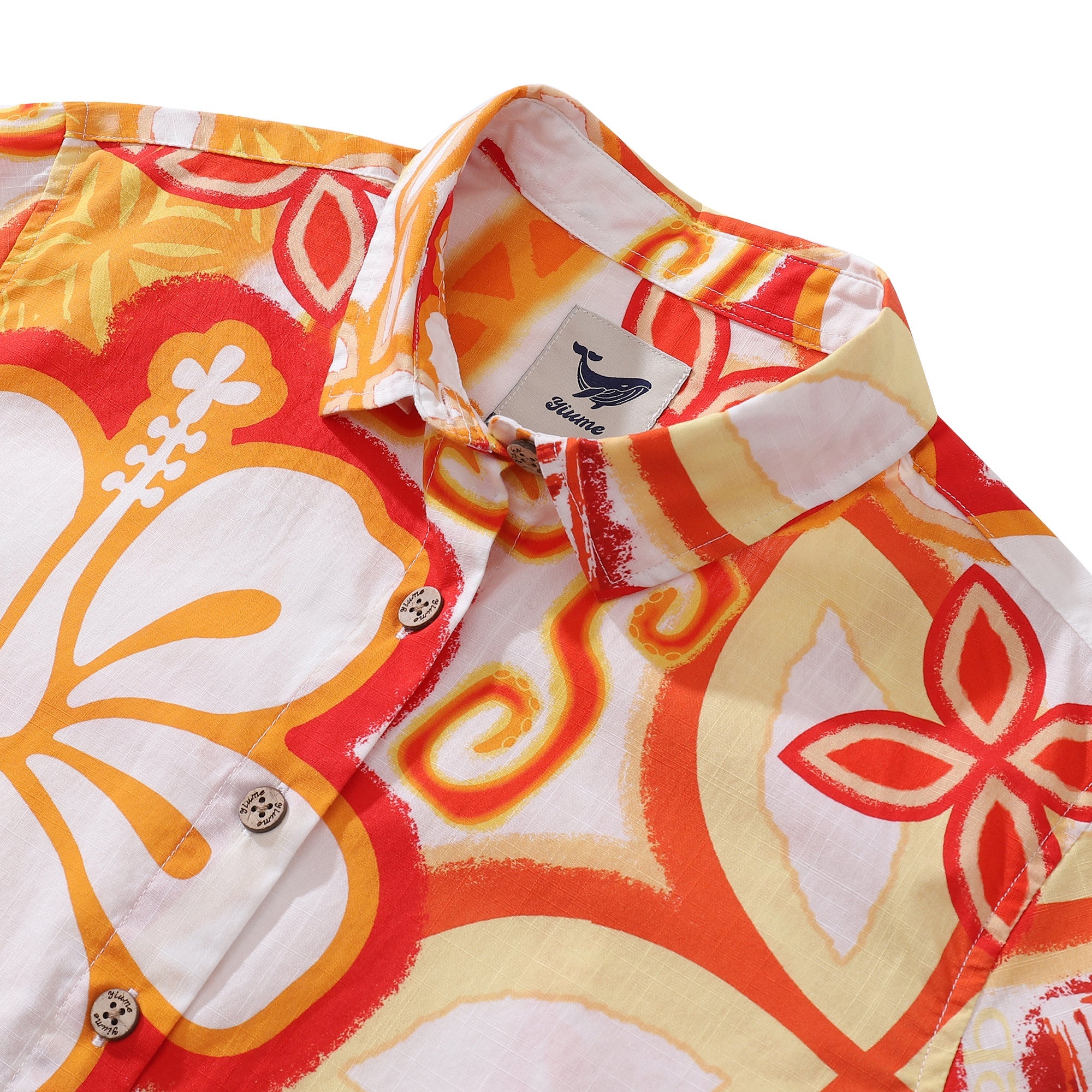 Women's Hawaiian Shirt Orange Totem By Tikirob Print Cotton Button-down Short Sleeve