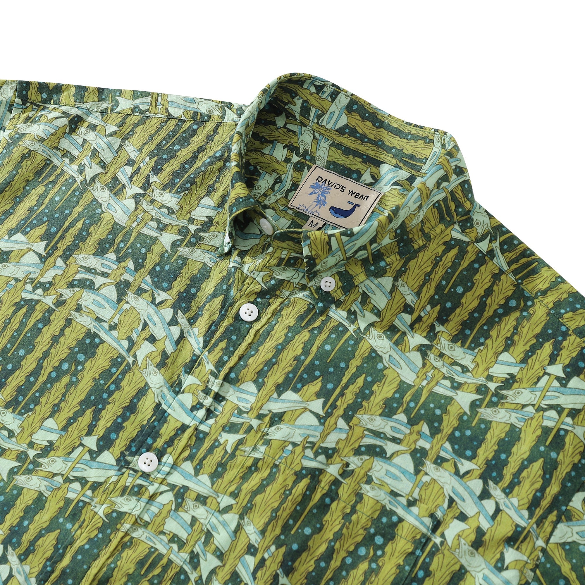 Hawaiian Shirt For Men Cod and Seaweed Print Short Sleeve Cotton Button Down