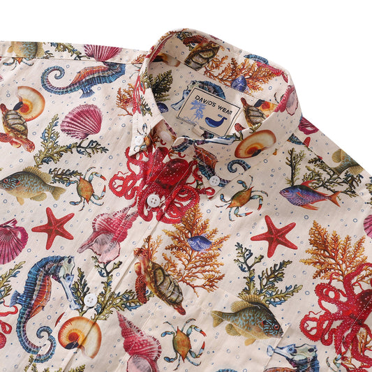 Yiume Men's Funky Hawaiian Shirt Marine Life Seahorse Octopus Print-mismatched Cotton Button-down