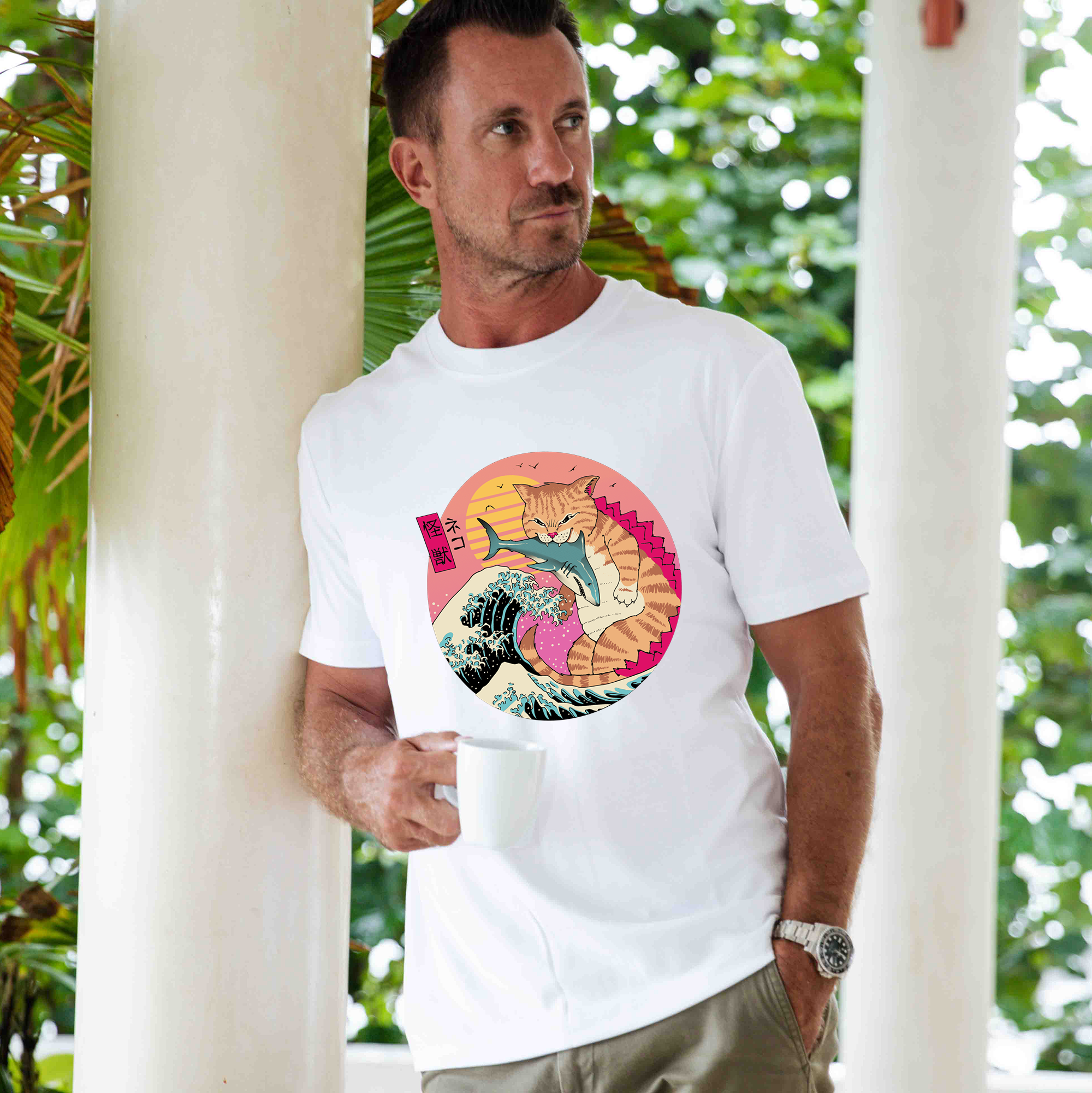 Hawaiian Tee For Men Super CatZilla Tee Crew Neck 100% Cotton - WHITE